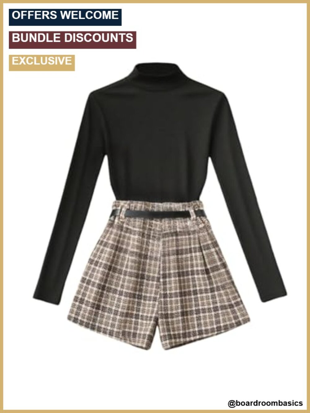 WDIRARA Women's 2 Piece Outfits Mock Neck Long Sleeve Top Plaid Skirt Sets